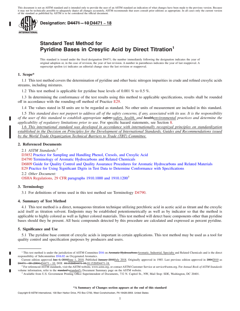 REDLINE ASTM D4471-18 - Standard Test Method for Pyridine Bases in Cresylic Acid by Direct Titration