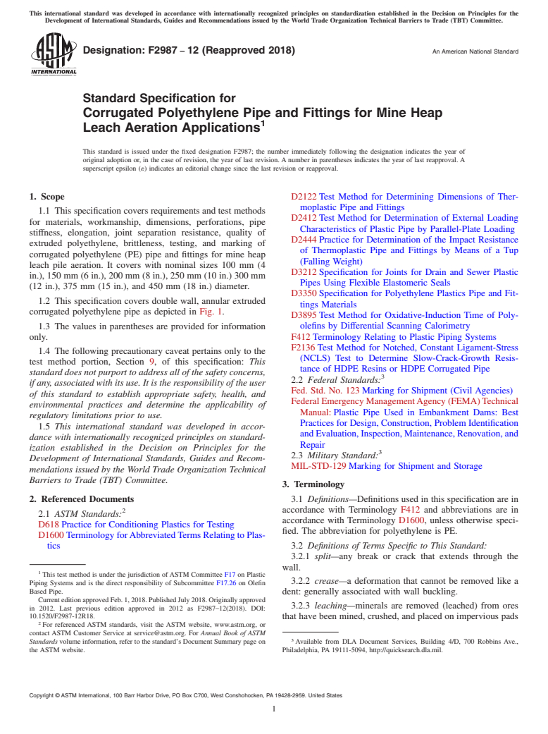 ASTM F2987-12(2018) - Standard Specification for Corrugated Polyethylene Pipe and Fittings for Mine Heap Leach  Aeration Applications