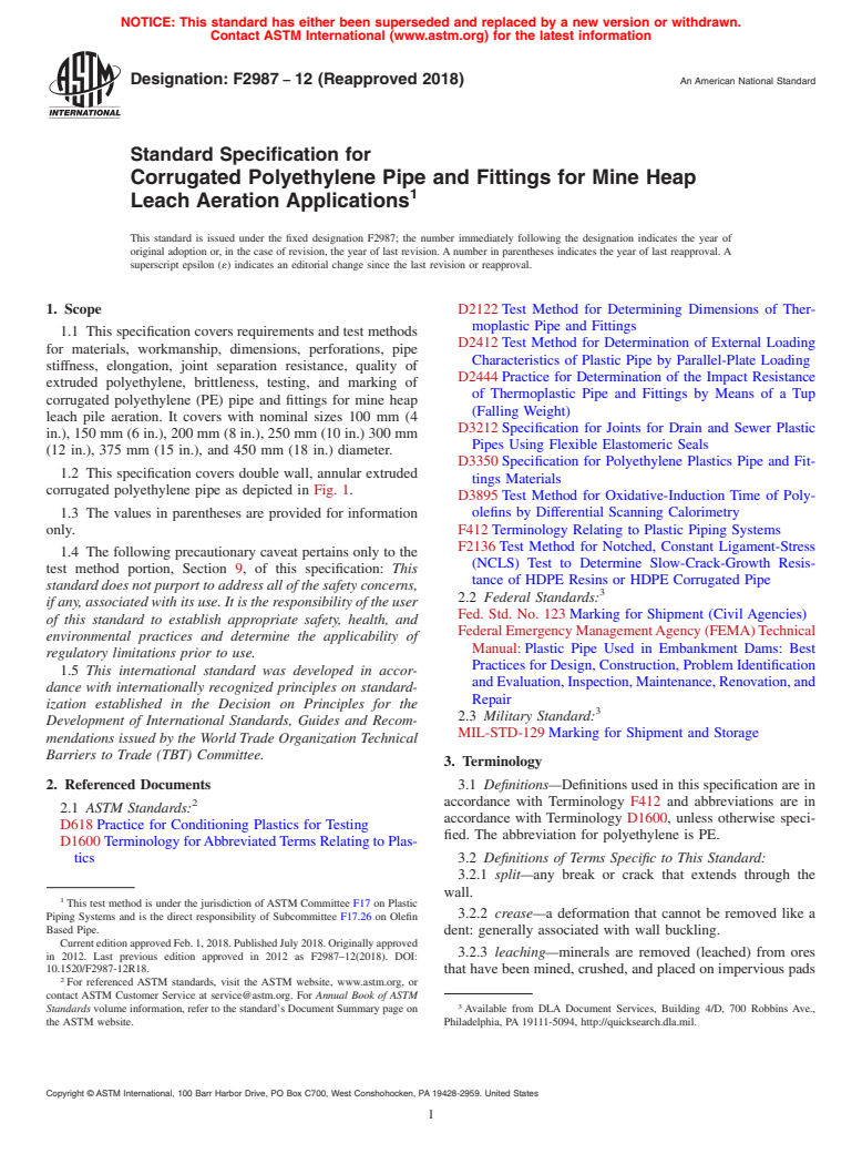 ASTM F2987-12(2018) - Standard Specification for Corrugated Polyethylene Pipe and Fittings for Mine Heap Leach  Aeration Applications (Withdrawn 2024)