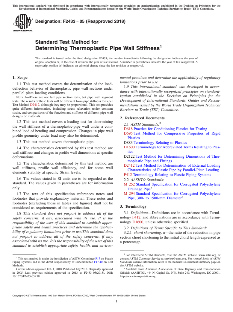 ASTM F2433-05(2018) - Standard Test Method for  Determining Thermoplastic Pipe Wall Stiffness