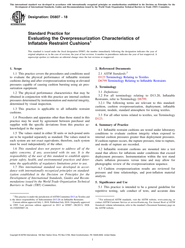 ASTM D5807-18 - Standard Practice for  Evaluating the Overpressurization Characteristics of Inflatable  Restraint Cushions