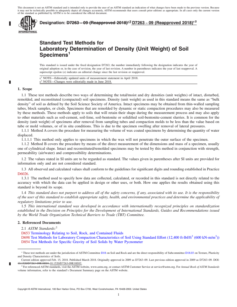 REDLINE ASTM D7263-09(2018)e2 - Standard Test Methods for Laboratory Determination of Density (Unit Weight) of Soil Specimens