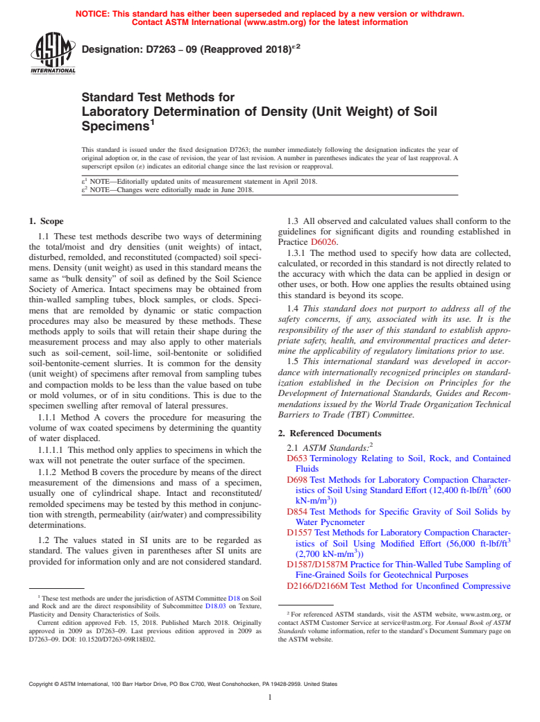 ASTM D7263-09(2018)e2 - Standard Test Methods for Laboratory Determination of Density (Unit Weight) of Soil Specimens