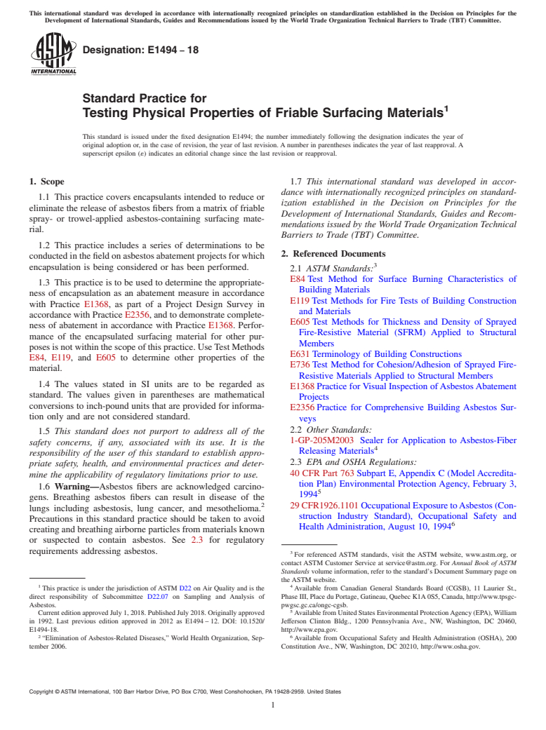 ASTM E1494-18 - Standard Practice for  Testing Physical Properties of Friable Surfacing Materials