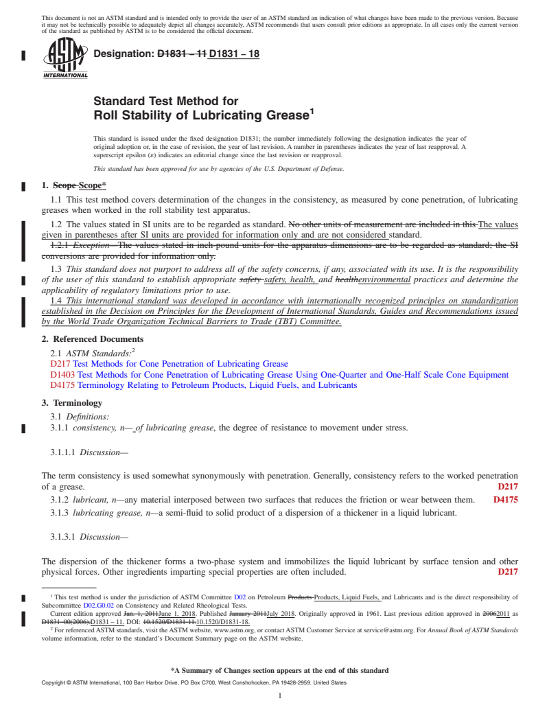 REDLINE ASTM D1831-18 - Standard Test Method for  Roll Stability of Lubricating Grease