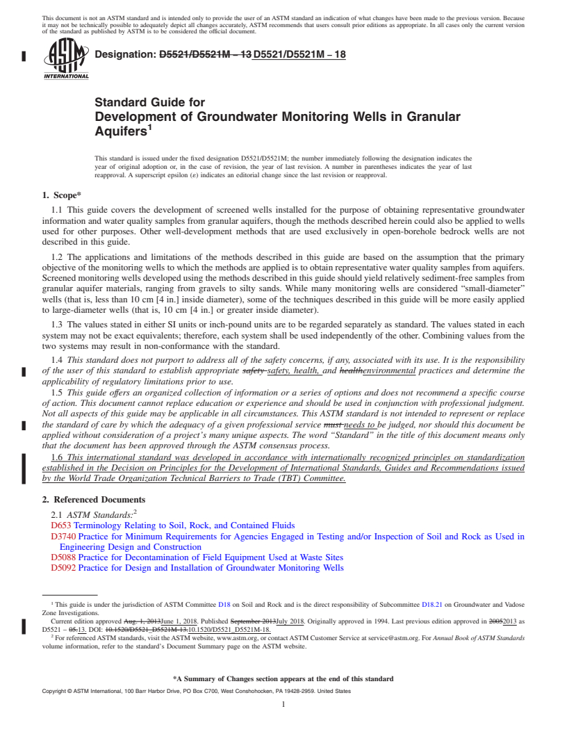 REDLINE ASTM D5521/D5521M-18 - Standard Guide for Development of Groundwater Monitoring Wells in Granular Aquifers