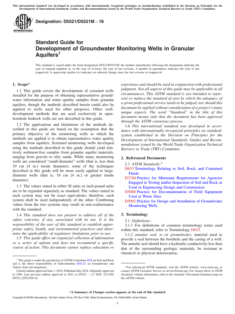 ASTM D5521/D5521M-18 - Standard Guide for Development of Groundwater Monitoring Wells in Granular Aquifers