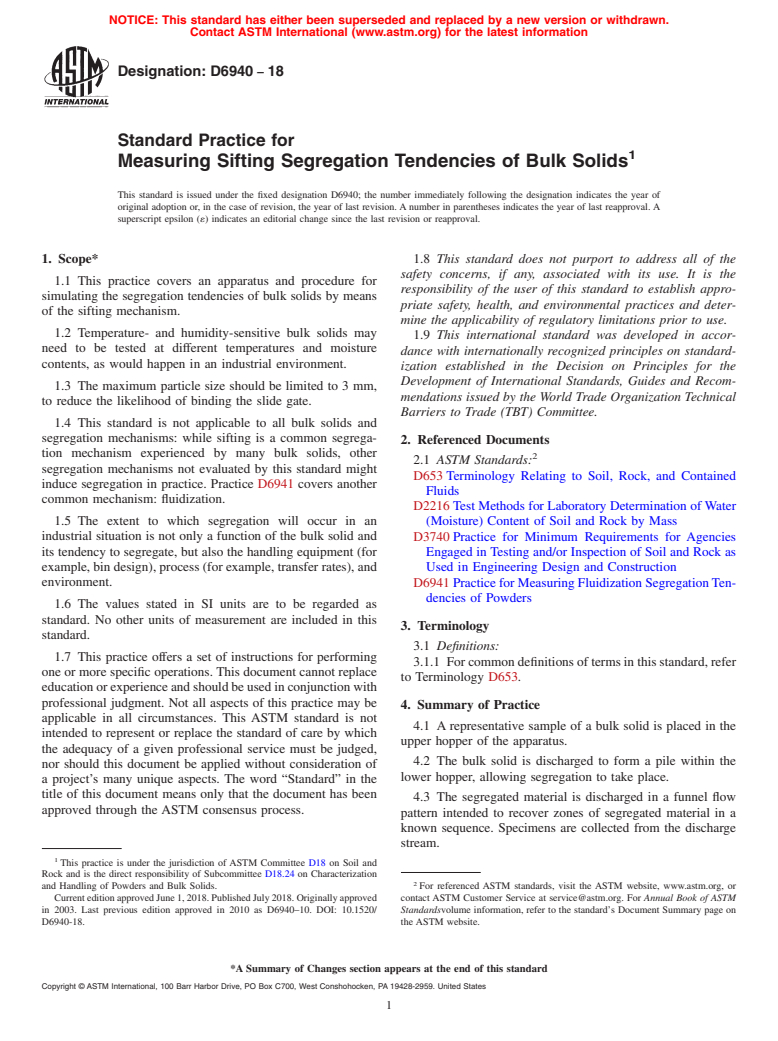 ASTM D6940-18 - Standard Practice for Measuring Sifting Segregation Tendencies of Bulk Solids