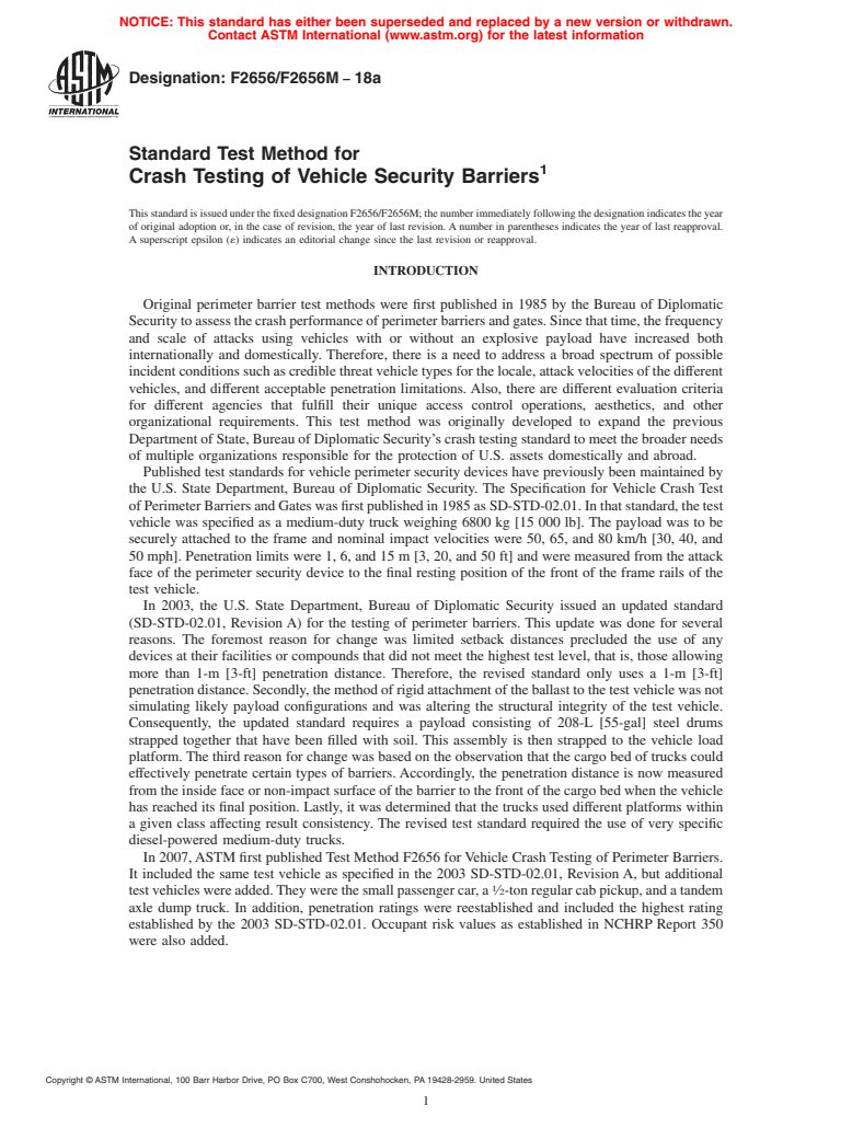 ASTM F2656/F2656M-18a - Standard Test Method for  Crash Testing of Vehicle Security Barriers