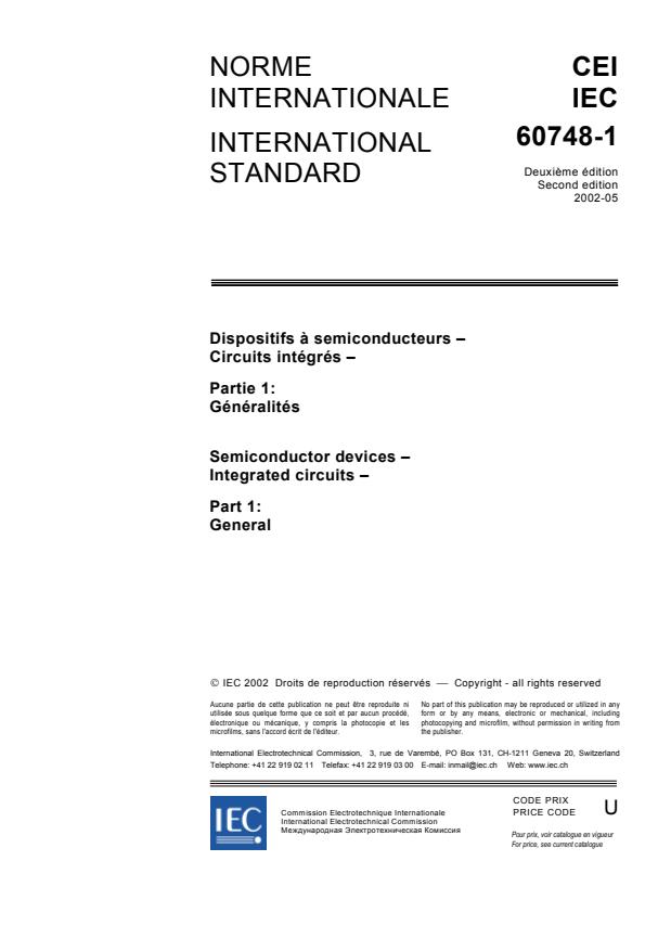 IEC 60748-1:2002 - Semiconductor devices  - Integrated circuits - Part 1: General