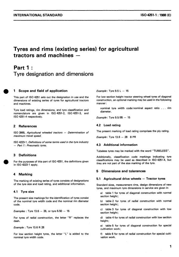 ISO 4251-1:1988 - Tyres and rims (existing series) for agricultural tractors and machines