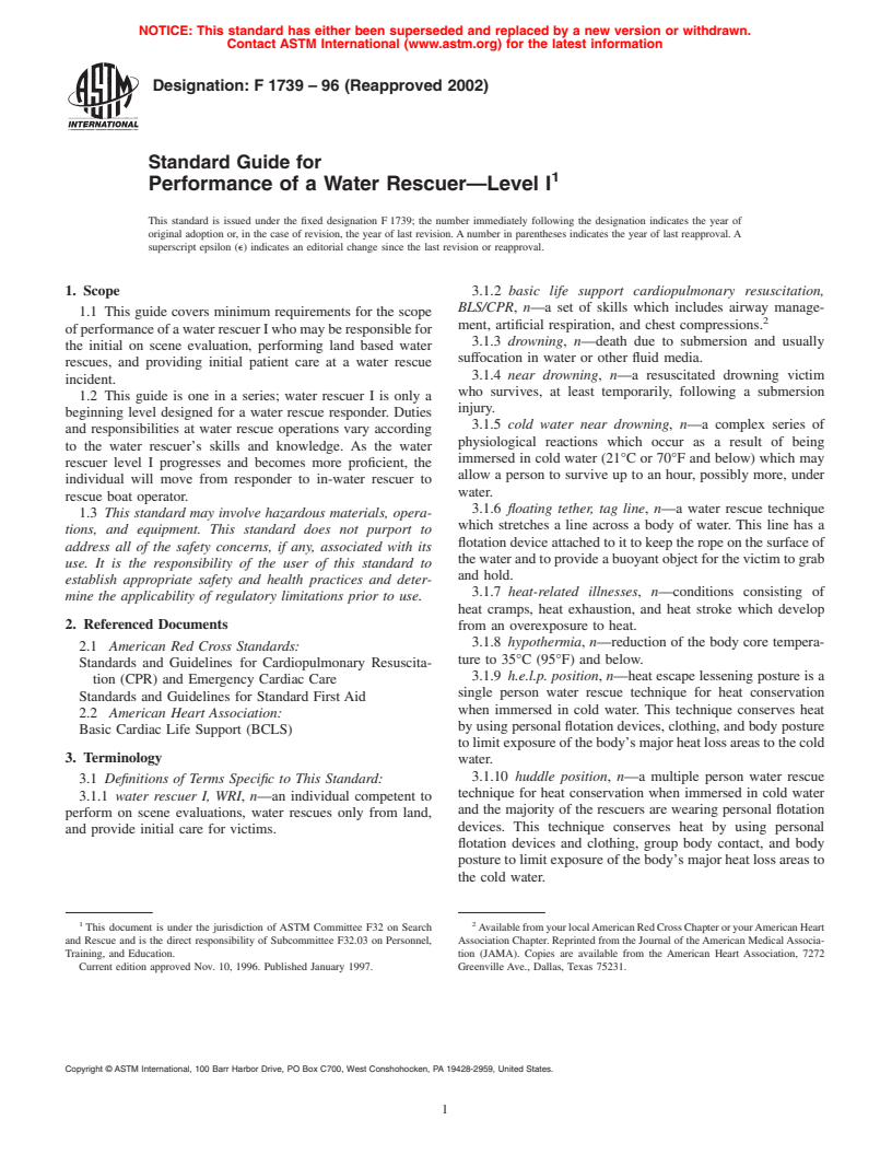 ASTM F1739-96(2002) - Standard Guide for Performance of a Water Rescuer--Level 1