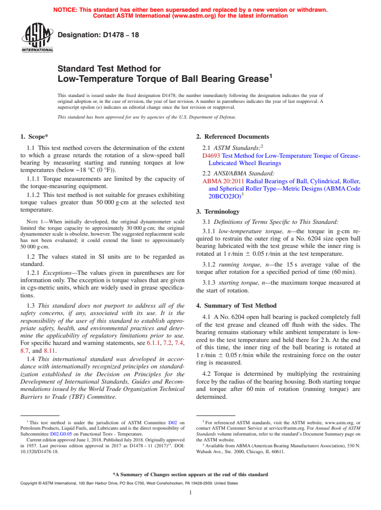 ASTM D1478-18 - Standard Test Method for  Low-Temperature Torque of Ball Bearing Grease