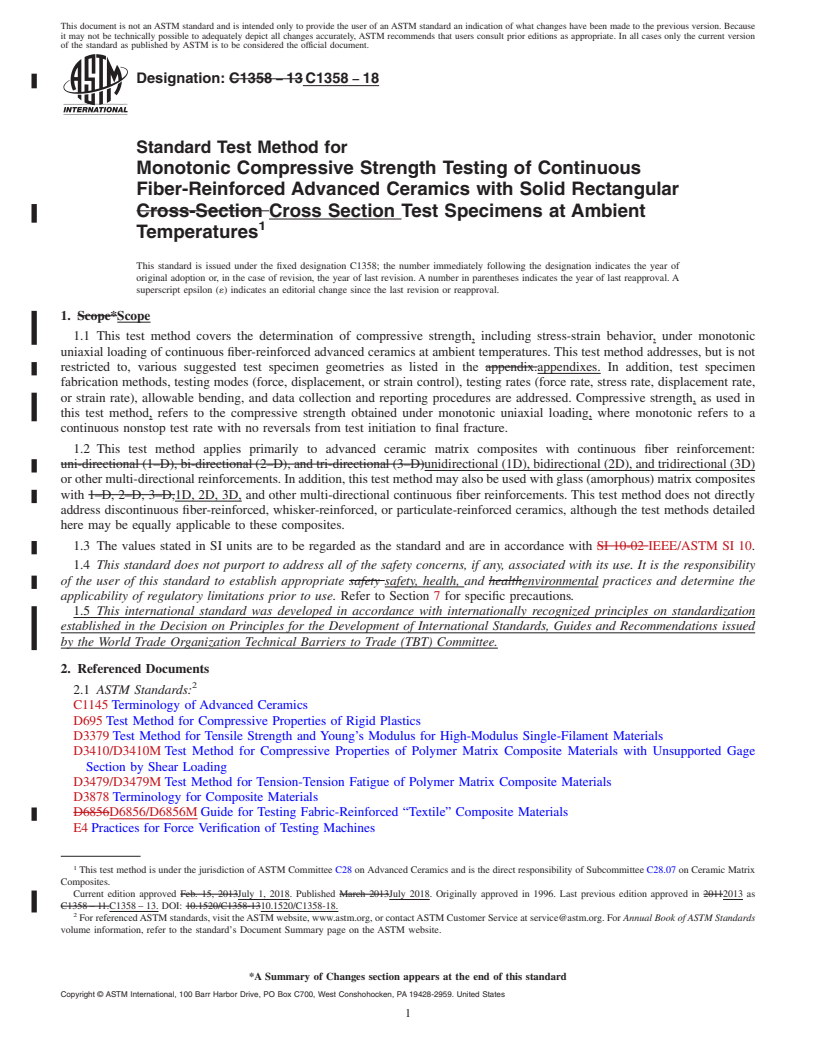 REDLINE ASTM C1358-18 - Standard Test Method for Monotonic Compressive Strength Testing of Continuous Fiber-Reinforced   Advanced Ceramics with Solid Rectangular Cross Section Test Specimens   at Ambient  Temperatures