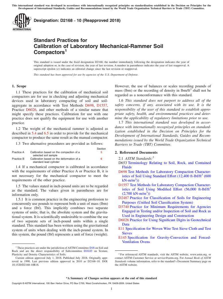 ASTM D2168-10(2018) - Standard Practices for Calibration of Laboratory Mechanical-Rammer Soil Compactors