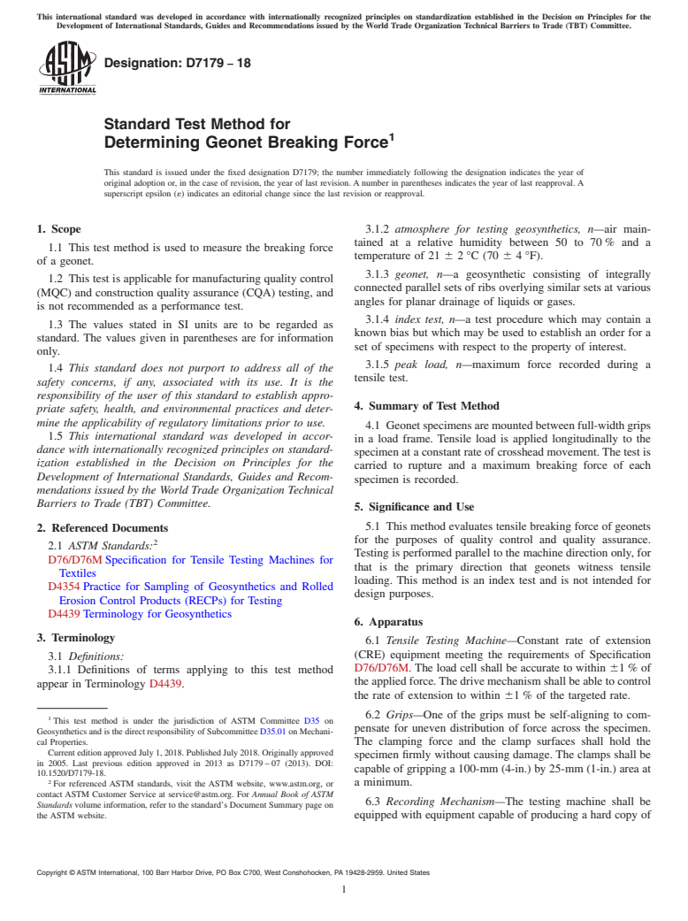 ASTM D7179-18 - Standard Test Method for  Determining Geonet Breaking Force