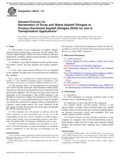 ASTM D8012-18 ASTM D8012-18 - Standard Practice for Reclamation of Scrap and Waste Asphalt Shingles to Produce Reclaimed Asphalt Shingles (RAS) for Use in Transportation Applications - Page 1 preview