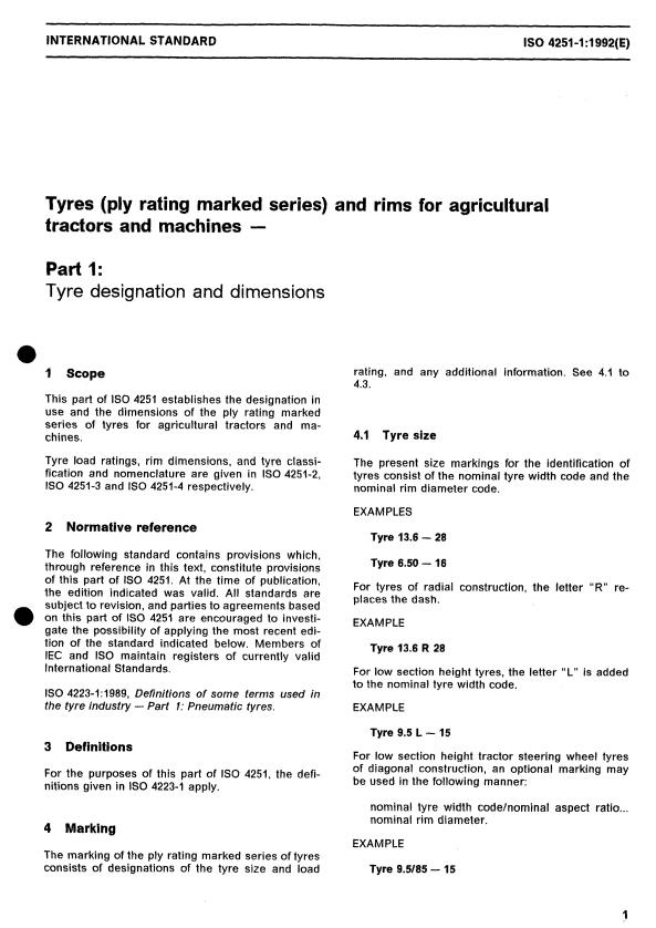 ISO 4251-1:1992 - Tyres (ply rating marked series) and rims for agricultural tractors and machines
