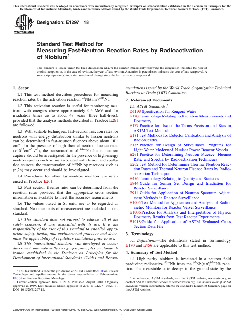 ASTM E1297-18 - Standard Test Method for  Measuring Fast-Neutron Reaction Rates by Radioactivation of  Niobium
