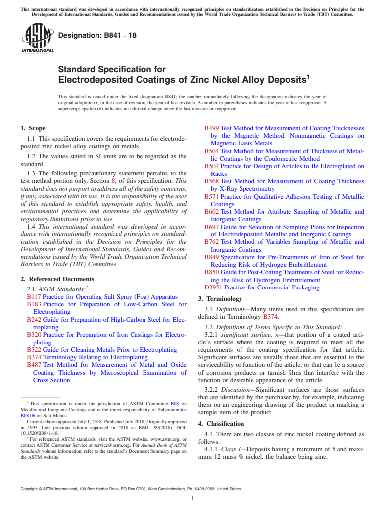 ASTM B841-18 - Standard Specification for  Electrodeposited Coatings of Zinc Nickel Alloy Deposits