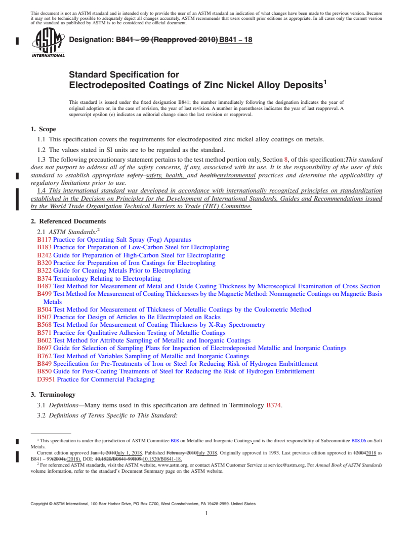 REDLINE ASTM B841-18 - Standard Specification for  Electrodeposited Coatings of Zinc Nickel Alloy Deposits