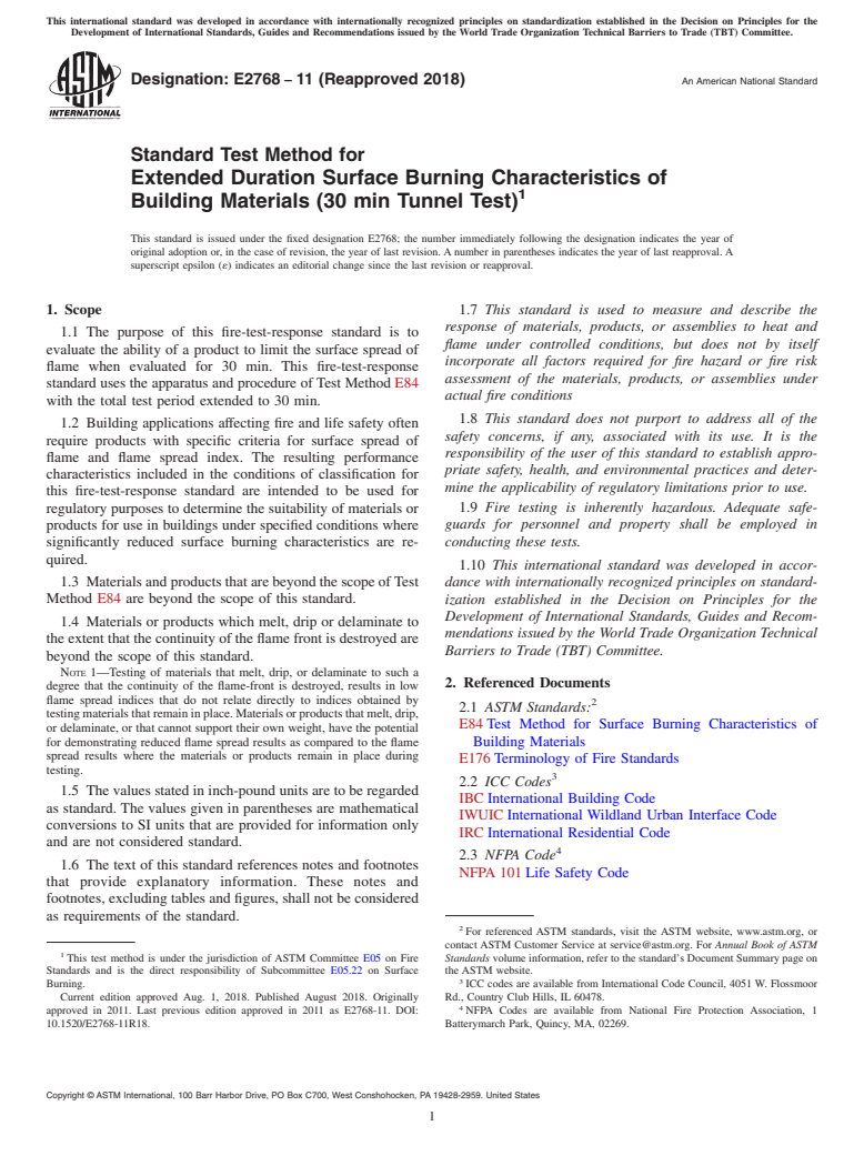 ASTM E2768-11(2018) - Standard Test Method for  Extended Duration Surface Burning Characteristics of Building  Materials (30 min Tunnel Test)