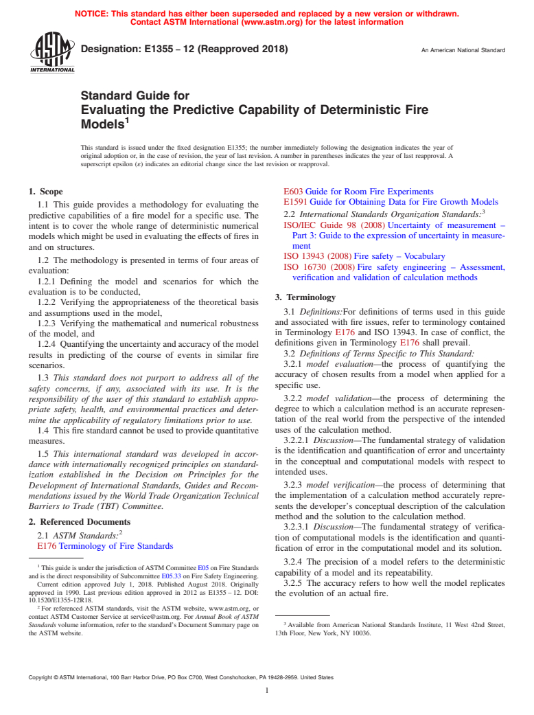 ASTM E1355-12(2018) - Standard Guide for  Evaluating the Predictive Capability of Deterministic Fire  Models