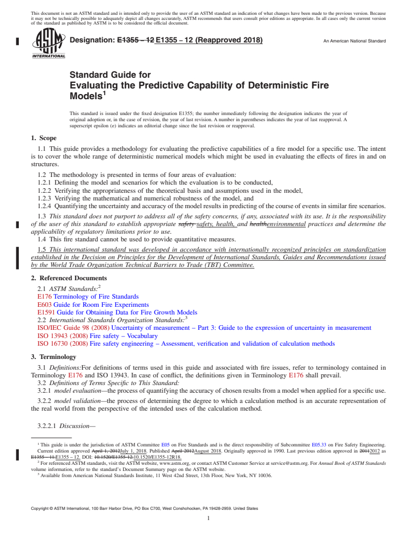 REDLINE ASTM E1355-12(2018) - Standard Guide for  Evaluating the Predictive Capability of Deterministic Fire  Models