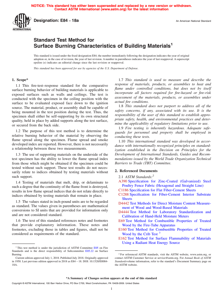ASTM E84-18a - Standard Test Method for  Surface Burning Characteristics of Building Materials