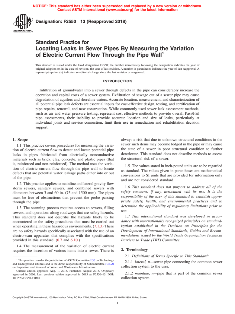 ASTM F2550-13(2018) - Standard Practice for Locating Leaks in Sewer Pipes By Measuring the Variation of  Electric Current Flow Through the Pipe Wall (Withdrawn 2022)