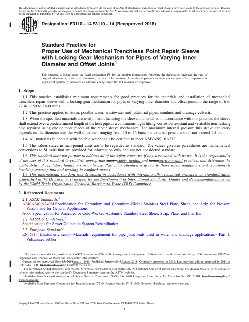 REDLINE ASTM F3110-14(2018) - Standard Practice for Proper Use of Mechanical Trenchless Point Repair Sleeve with  Locking Gear Mechanism for Pipes of Varying Inner Diameter and Offset  Joints