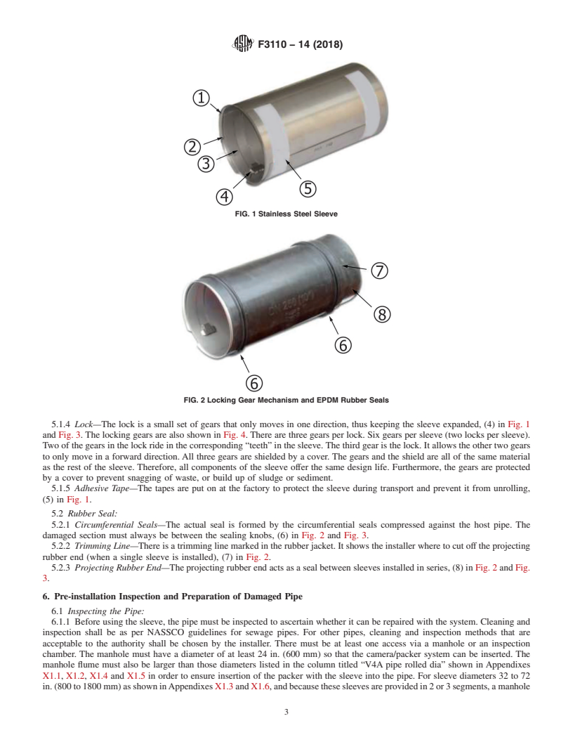 REDLINE ASTM F3110-14(2018) - Standard Practice for Proper Use of Mechanical Trenchless Point Repair Sleeve with  Locking Gear Mechanism for Pipes of Varying Inner Diameter and Offset  Joints