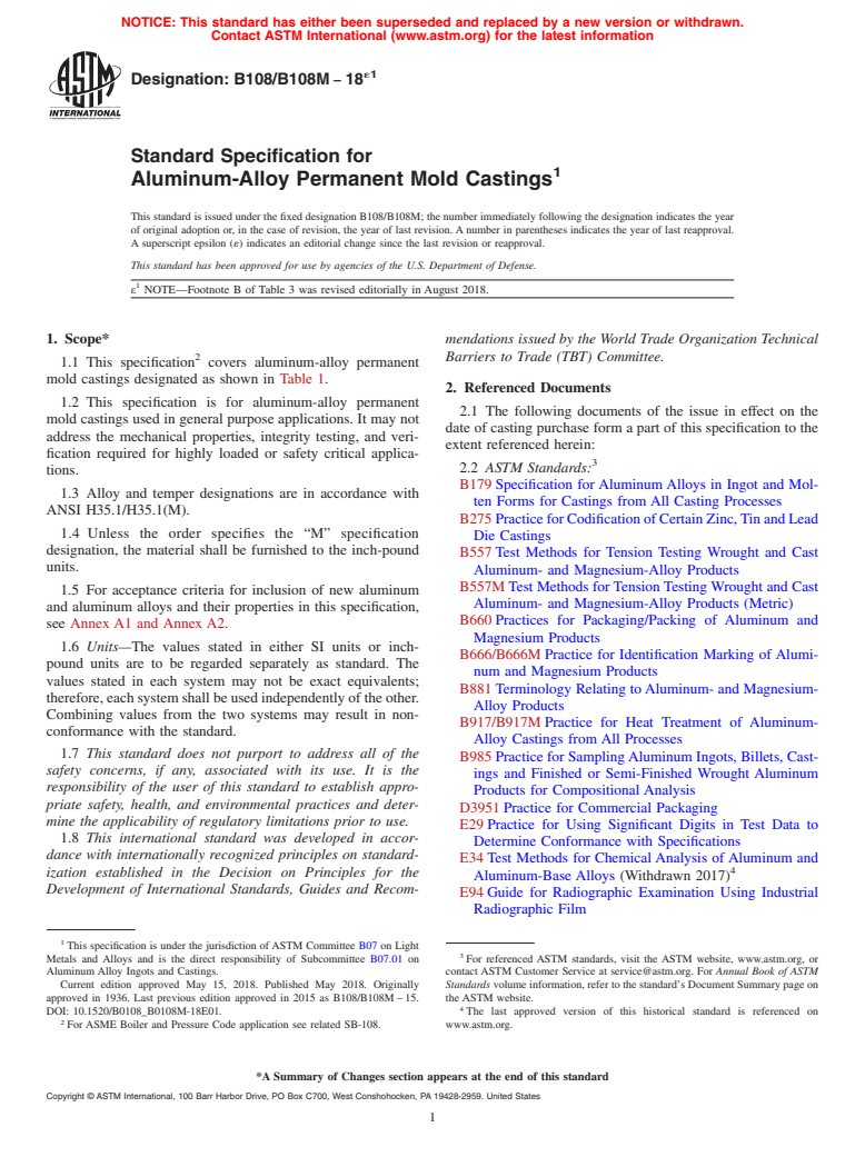 ASTM B108/B108M-18e1 - Standard Specification for  Aluminum-Alloy Permanent Mold Castings