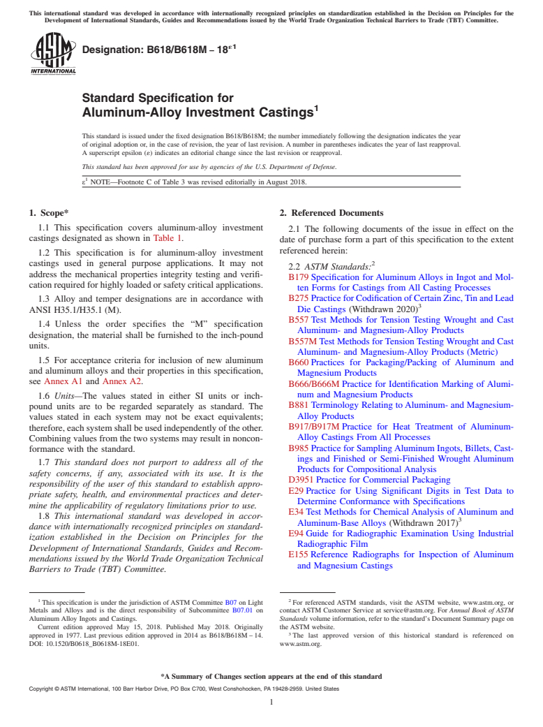 ASTM B618/B618M-18e1 - Standard Specification for  Aluminum-Alloy Investment Castings