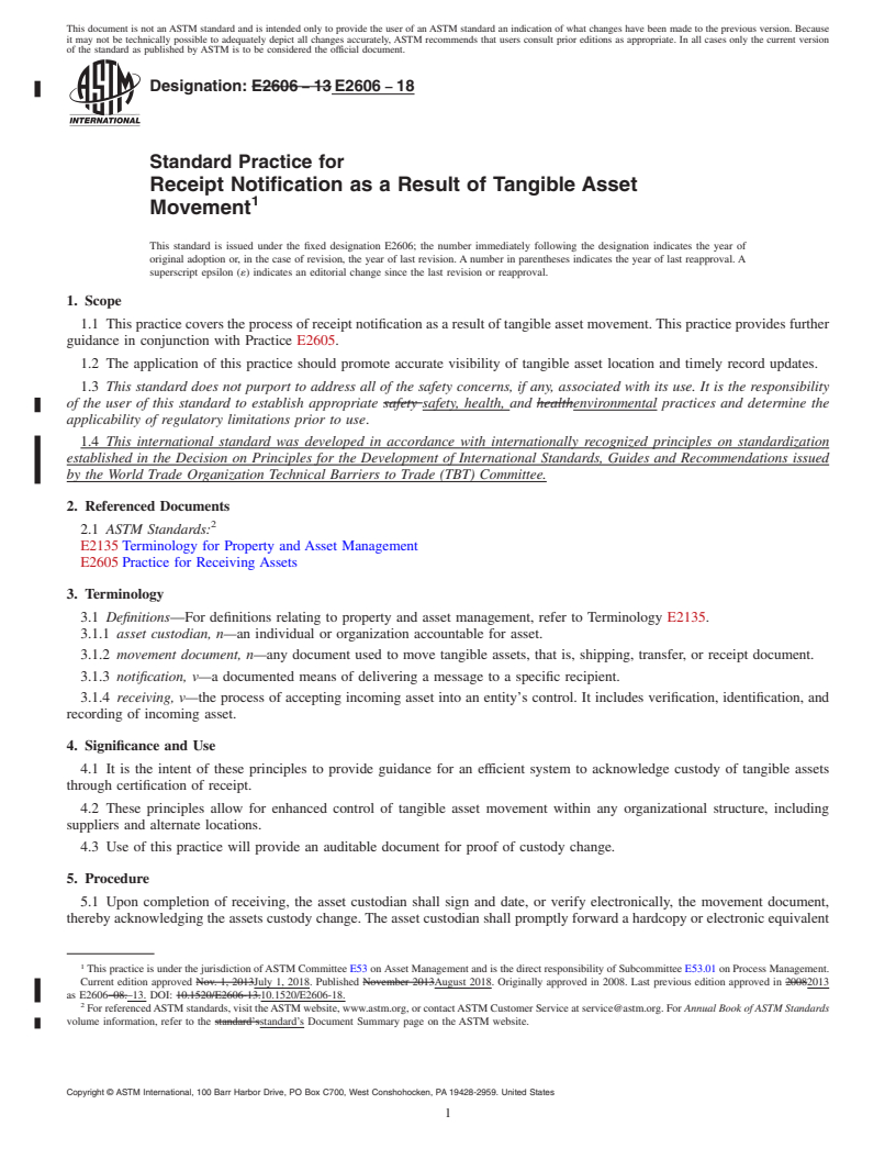 REDLINE ASTM E2606-18 - Standard Practice for Receipt Notification as a Result of Tangible Asset Movement