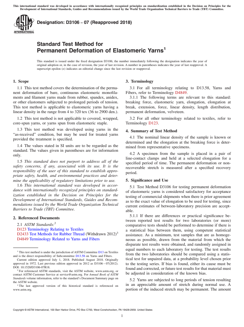 ASTM D3106-07(2018) - Standard Test Method for  Permanent Deformation of Elastomeric Yarns