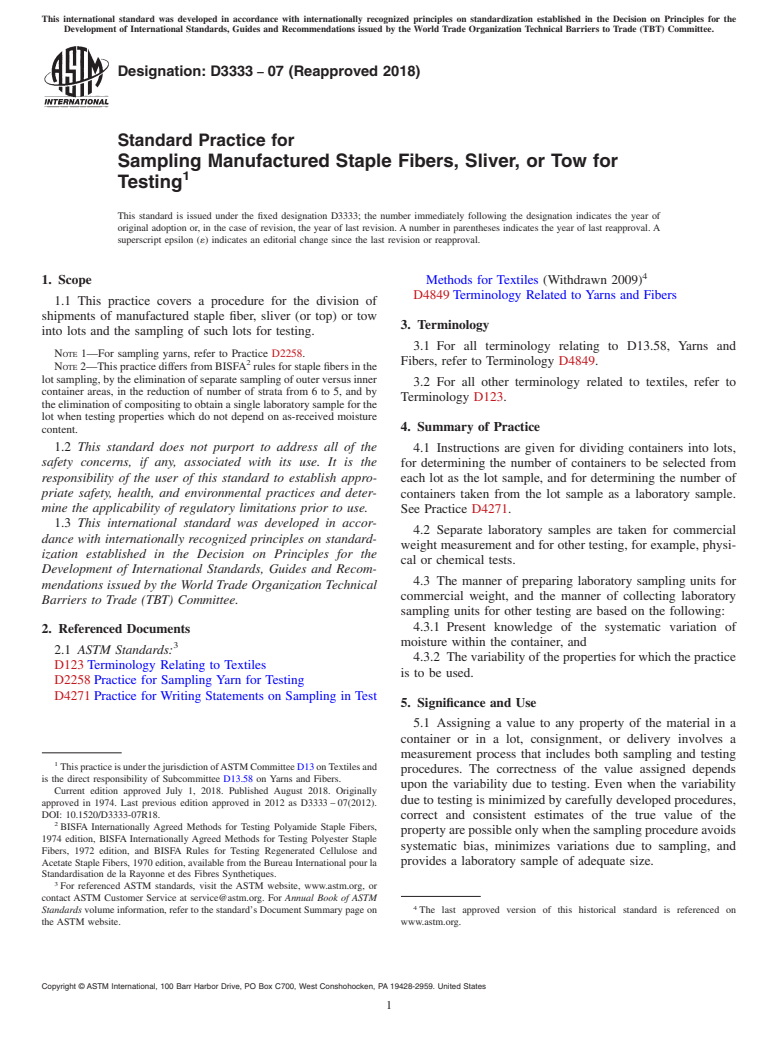 ASTM D3333-07(2018) - Standard Practice for  Sampling Manufactured Staple Fibers, Sliver, or Tow for Testing