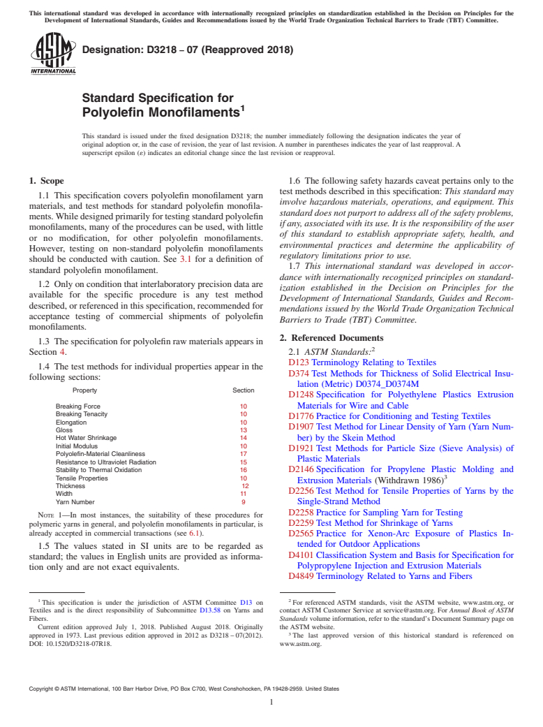 ASTM D3218-07(2018) - Standard Specification for  Polyolefin Monofilaments