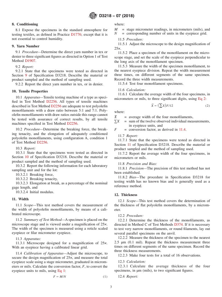 ASTM D3218-07(2018) - Standard Specification for  Polyolefin Monofilaments