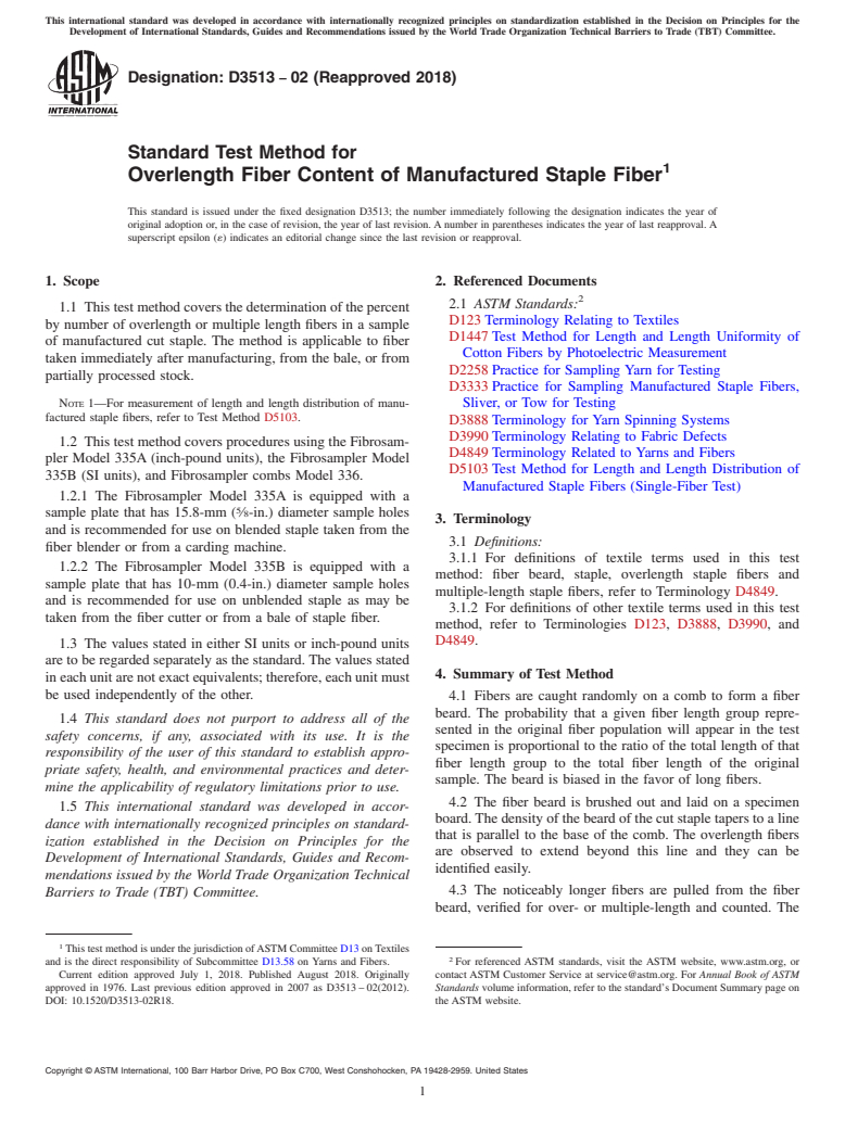 ASTM D3513-02(2018) - Standard Test Method for  Overlength Fiber Content of Manufactured Staple Fiber