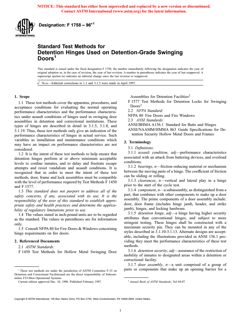 ASTM F1758-96e1 - Standard Test Methods for Detention Hinges Used on Detention-Grade Swinging Doors