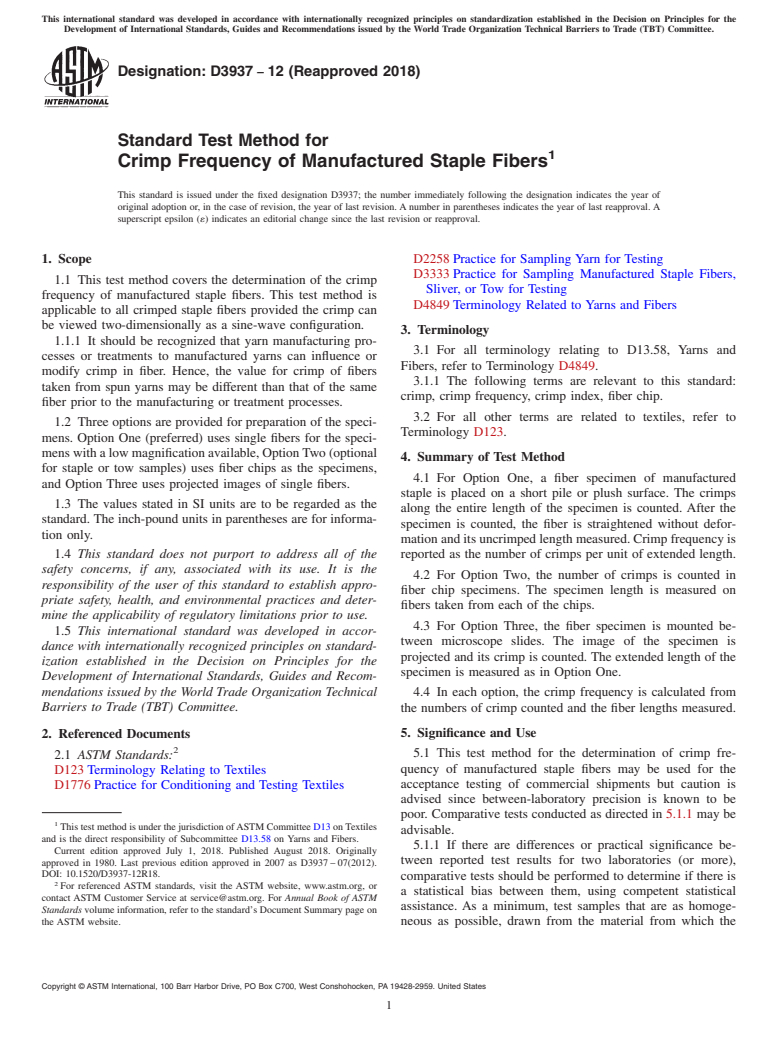 ASTM D3937-12(2018) - Standard Test Method for  Crimp Frequency of Manufactured Staple Fibers