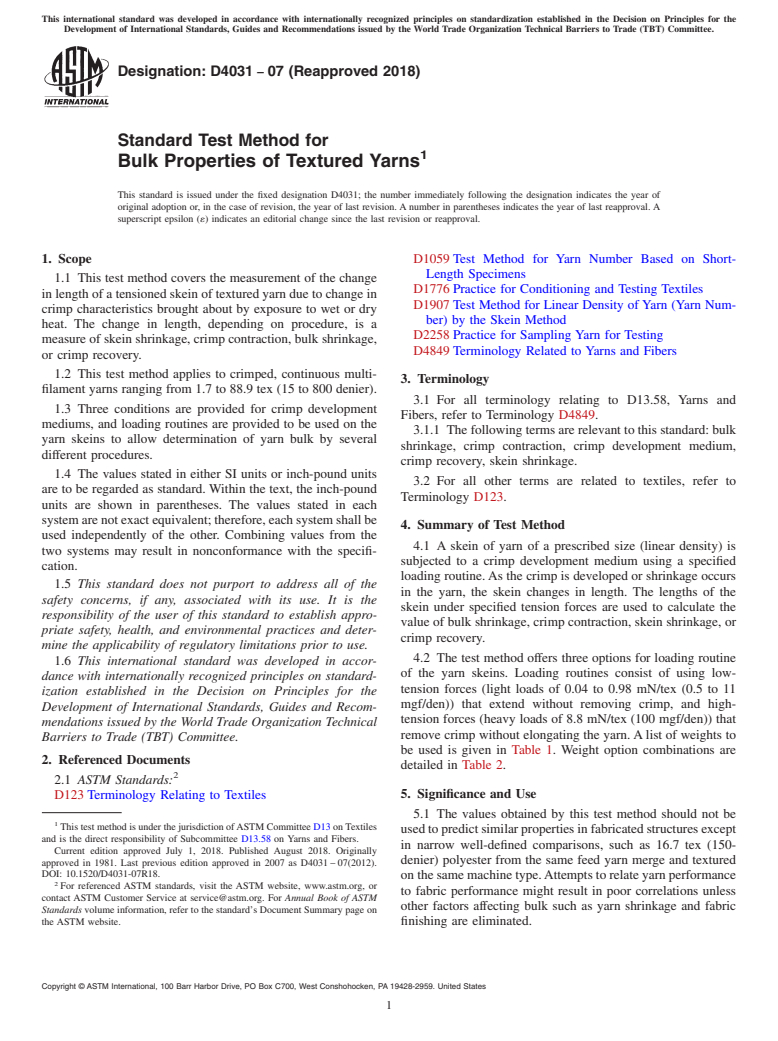 ASTM D4031-07(2018) - Standard Test Method for  Bulk Properties of Textured Yarns