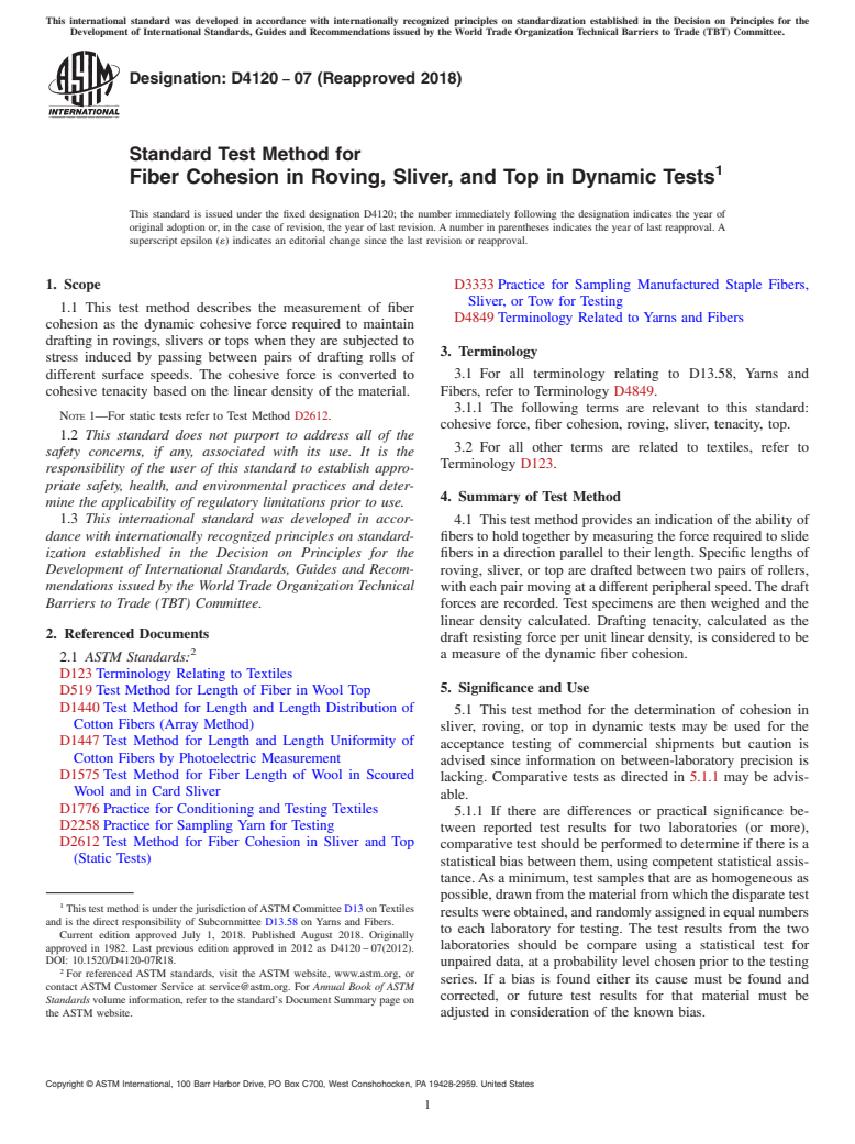 ASTM D4120-07(2018) - Standard Test Method for  Fiber Cohesion in Roving, Sliver, and Top in Dynamic Tests