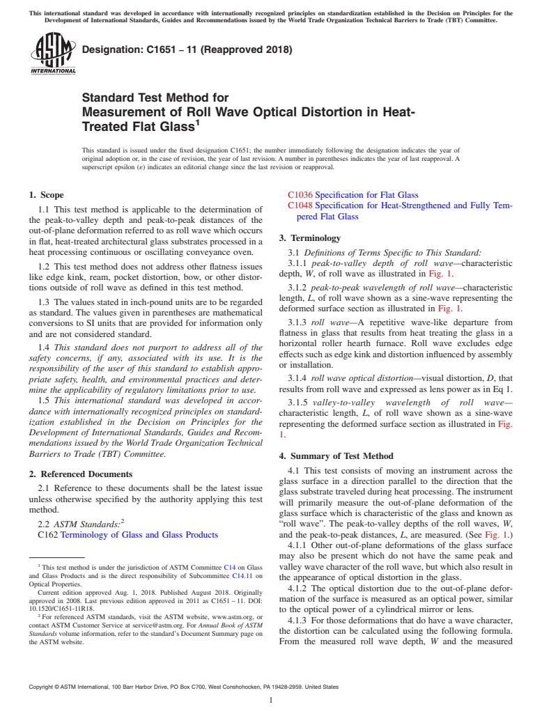 ASTM C1651-11(2018) - Standard Test Method for  Measurement of Roll Wave Optical Distortion in Heat-Treated   Flat Glass