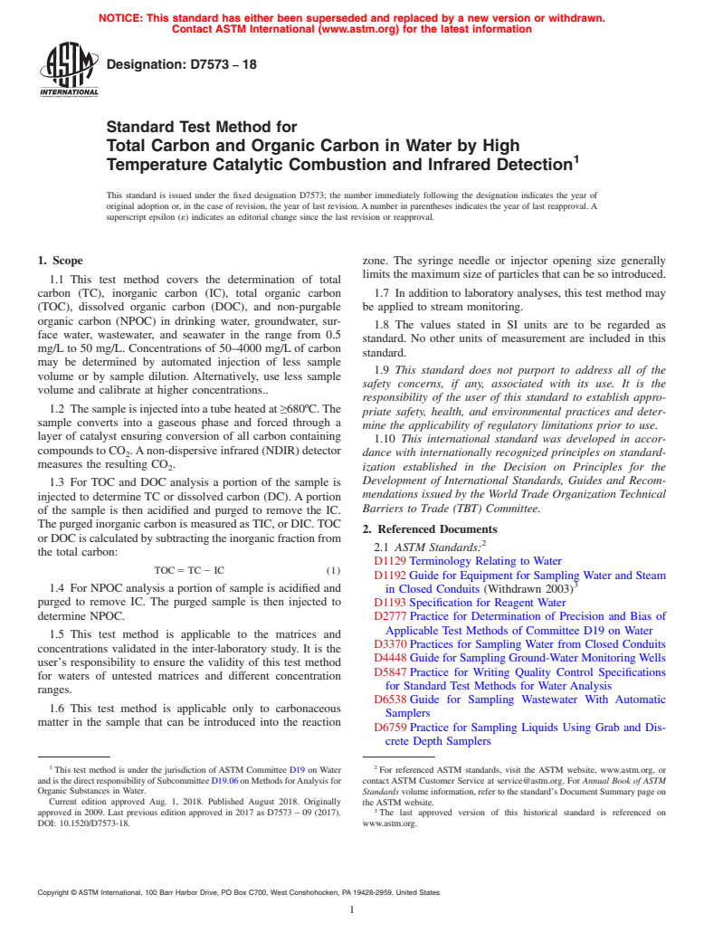 ASTM D7573-18 - Standard Test Method for  Total Carbon and Organic Carbon in Water by High Temperature   Catalytic Combustion and Infrared Detection