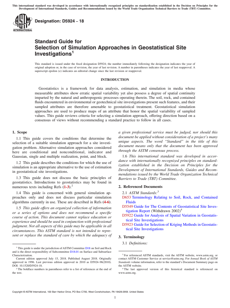ASTM D5924-18 - Standard Guide for  Selection of Simulation Approaches in Geostatistical Site Investigations