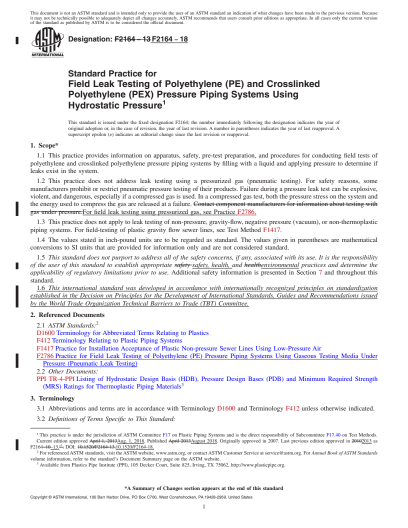 REDLINE ASTM F2164-18 - Standard Practice for  Field Leak Testing of Polyethylene (PE) and Crosslinked Polyethylene  (PEX) Pressure Piping Systems  Using Hydrostatic Pressure