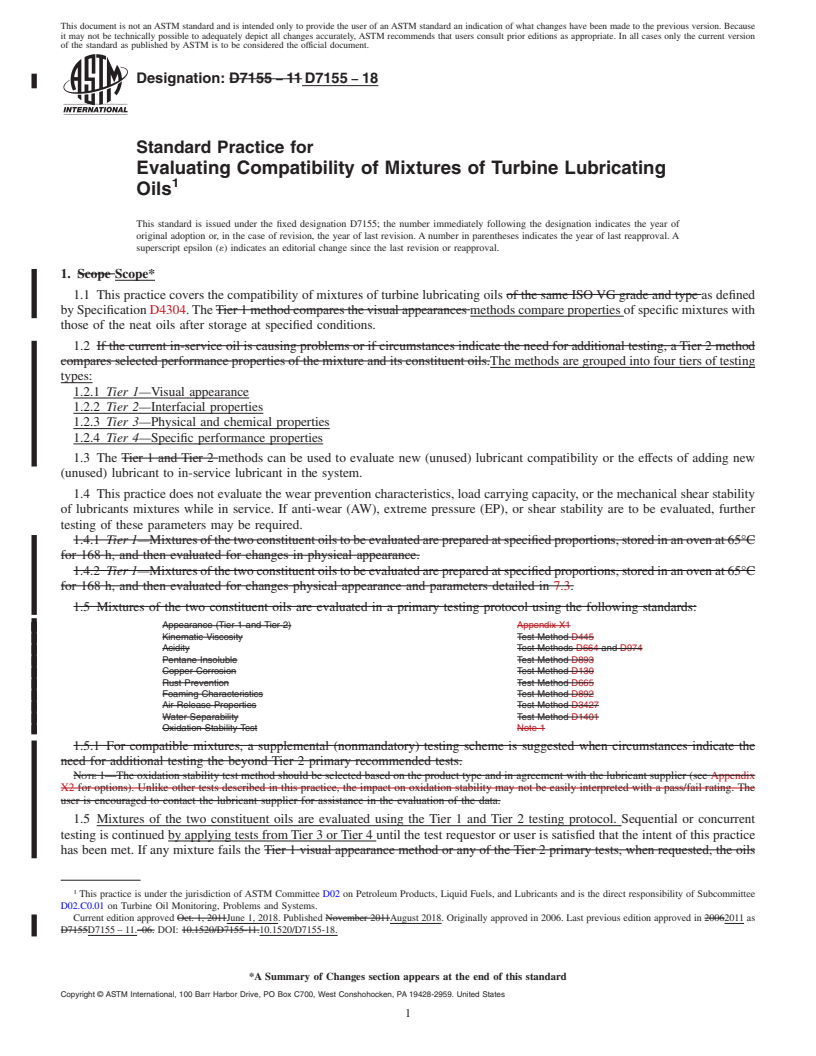 REDLINE ASTM D7155-18 - Standard Practice for  Evaluating Compatibility of Mixtures of Turbine Lubricating  Oils