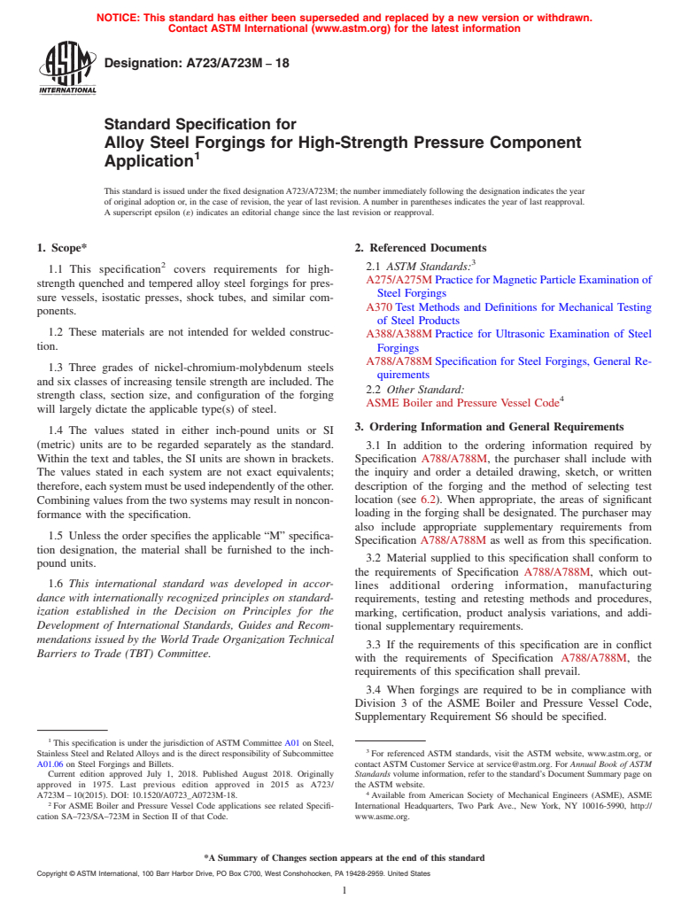 ASTM A723/A723M-18 - Standard Specification for Alloy Steel Forgings for High-Strength Pressure Component Application